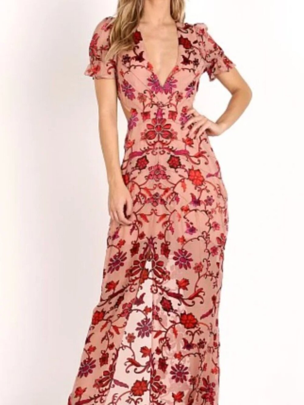 For Love & Lemons Sheer Mauve Chiffon Dress w/ Red & Pink Floral Print, Maxi, S - Picture 4 of 16